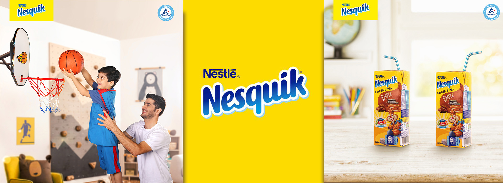growing-up-with-nesquik-campaign-cover Nesquik logo, drinks and a father and child playing basketball